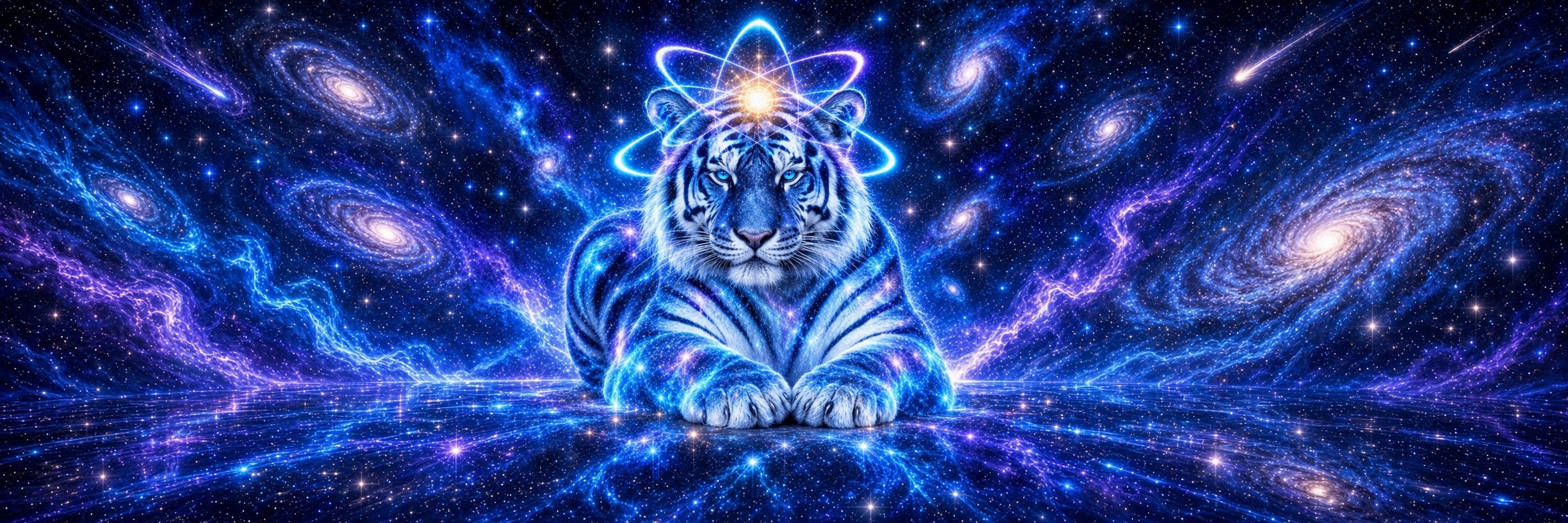 Quantum Tiger banner, the white tiger resting in a galaxy of blue and violet nebulae